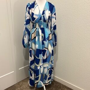 Blue and White Tie Front Maxi Dress with Bishop Sleeves
